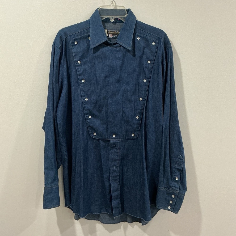 VTG 80s Panhandle Slim Bib Front Western Shirt Sz L Denim Pearl Snap USA Cowboy